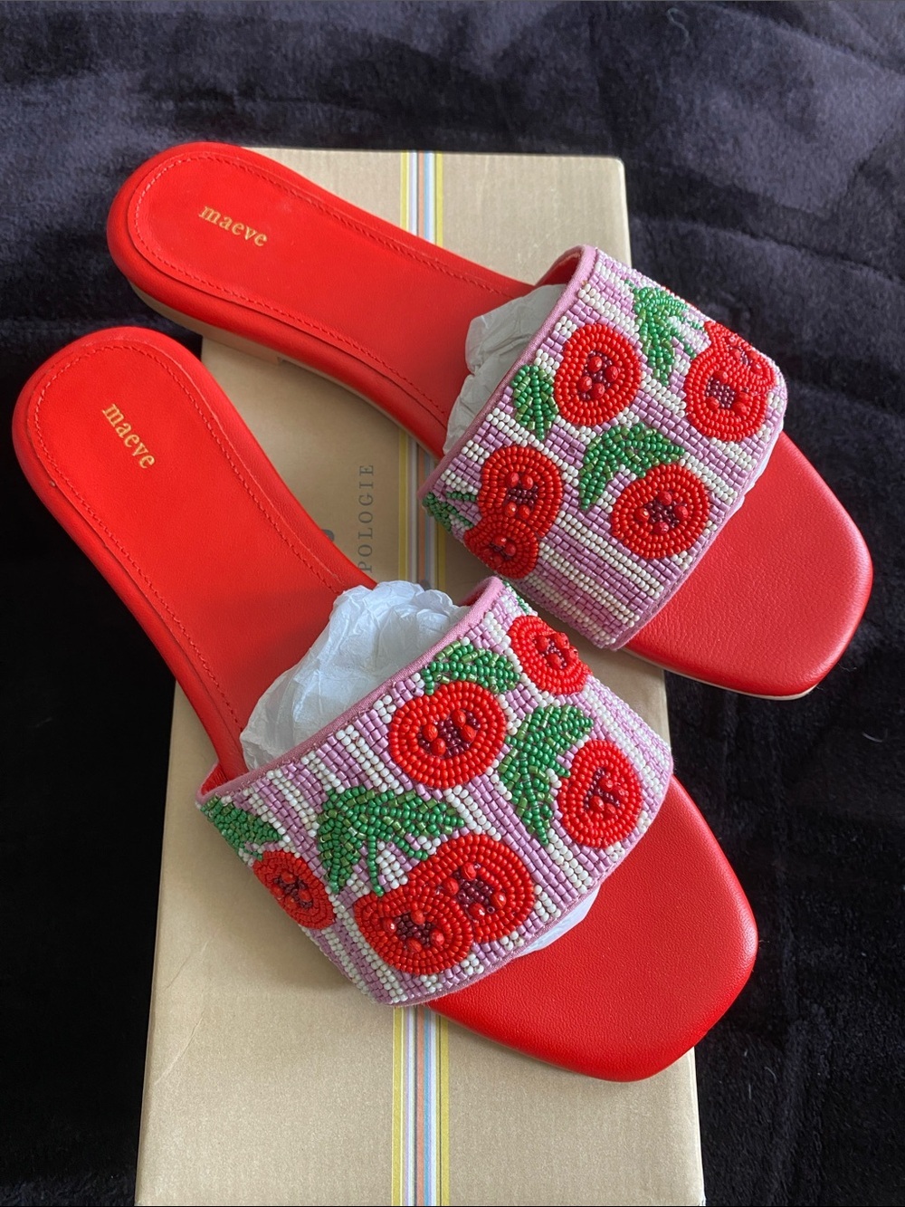 Maeve Red Slide Sandals with Beaded Cherries Strap